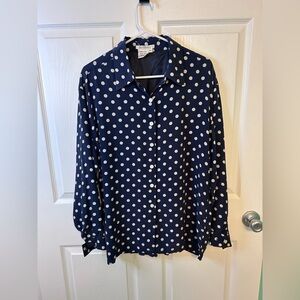 Elegant Navy Polka Dot Button-Down Shirt - 100% Silk.